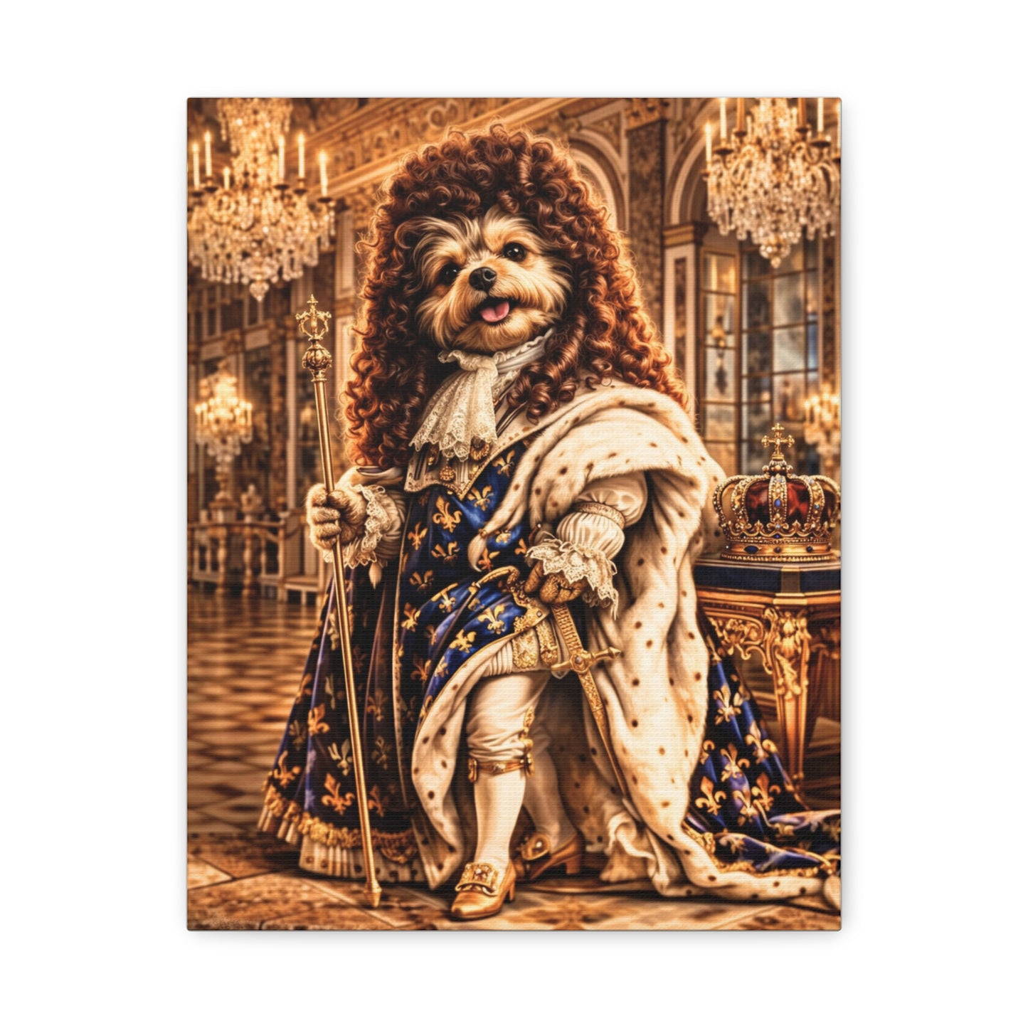 The Sun King Yorkie Stretched Canvas Wall Art, Royal Dog Portrait, King Louis XIV Pet Art, Ready to Hang, History Bonus Included