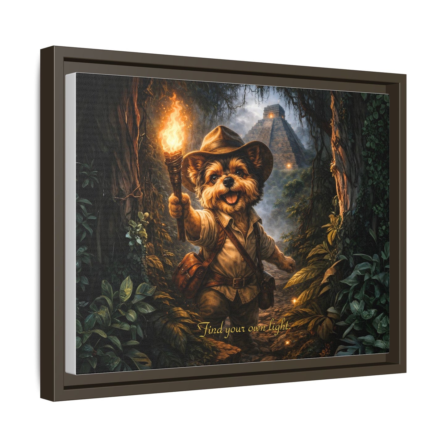 Cute Yorkie Explorer Canvas Wall Art for Kids Room – Jungle Adventure Nursery Decor, Framed Matte Animal Artwork, Gift for Boys & Girls