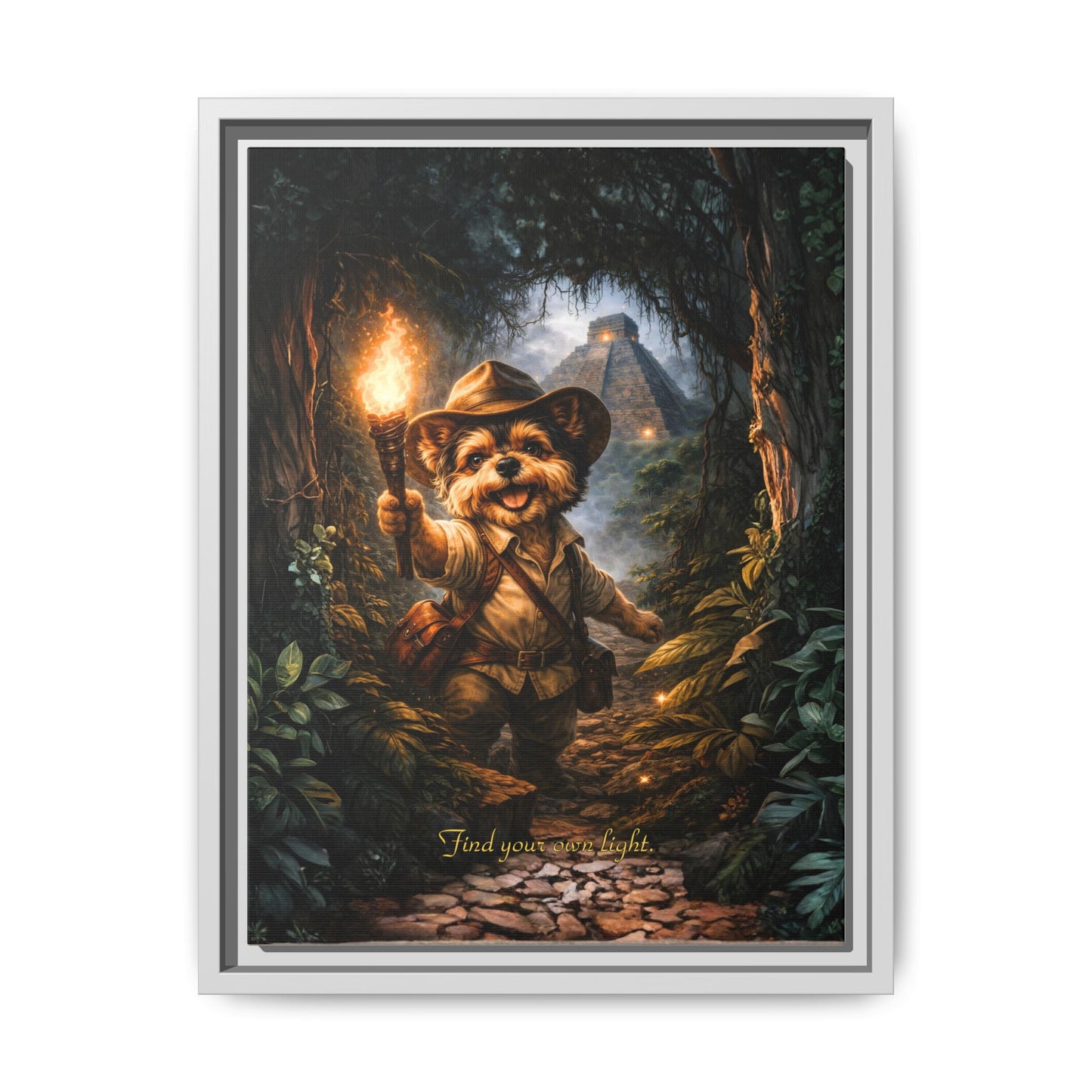 Cute Yorkie Explorer Canvas Wall Art for Kids Room – Jungle Adventure Nursery Decor, Framed Matte Animal Artwork, Gift for Boys & Girls