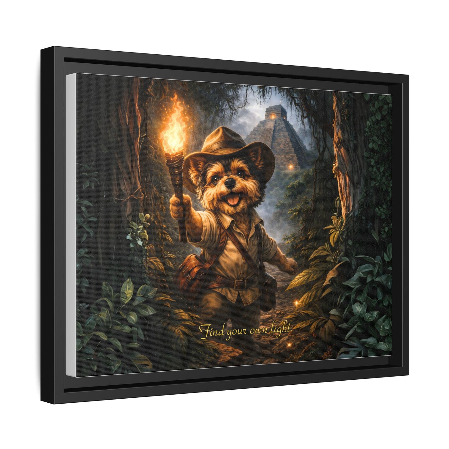 Cute Yorkie Explorer Canvas Wall Art for Kids Room – Jungle Adventure Nursery Decor, Framed Matte Animal Artwork, Gift for Boys & Girls