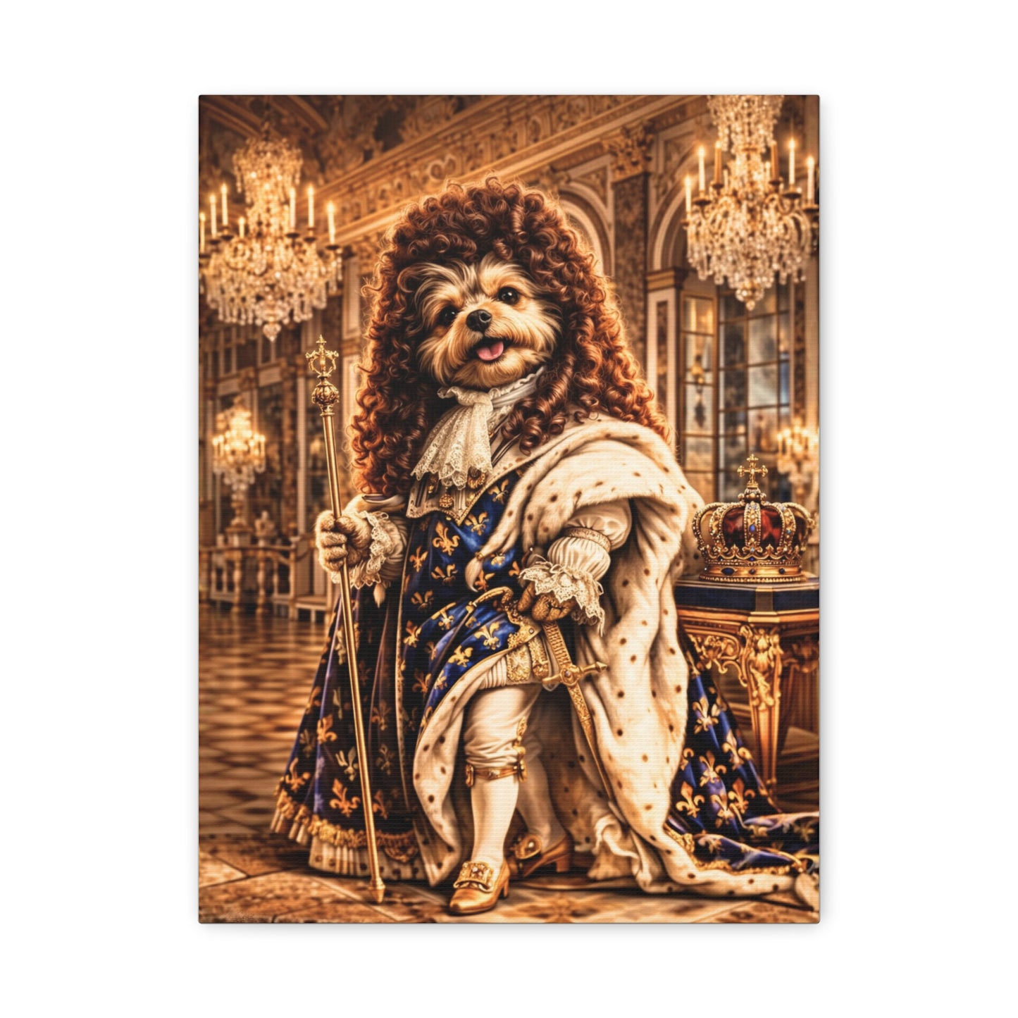 The Sun King Yorkie Stretched Canvas Wall Art, Royal Dog Portrait, King Louis XIV Pet Art, Ready to Hang, History Bonus Included