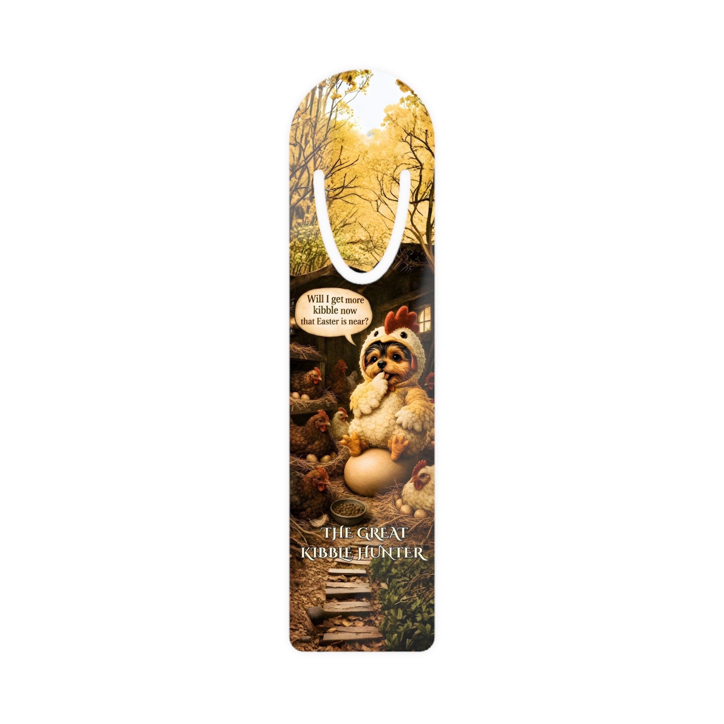 Easter Yorkie Bookmark — Antonio the Yorkie in Chicken Costume on Giant Egg