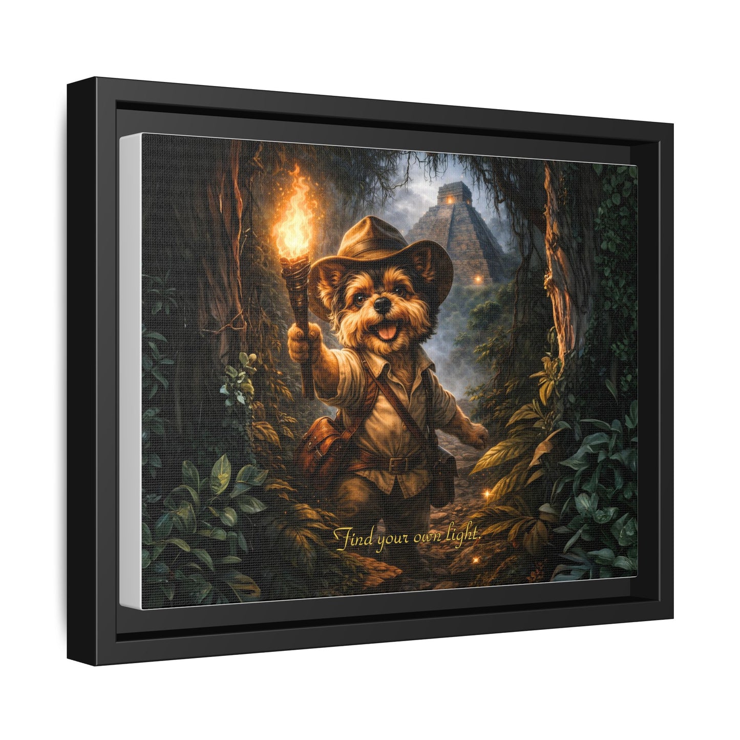 Cute Yorkie Explorer Canvas Wall Art for Kids Room – Jungle Adventure Nursery Decor, Framed Matte Animal Artwork, Gift for Boys & Girls