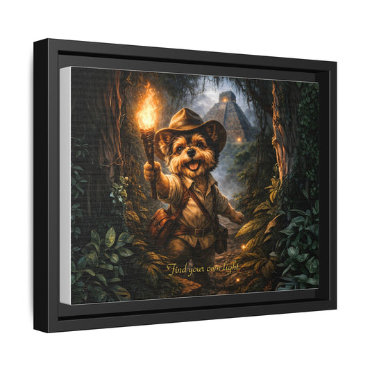 Cute Yorkie Explorer Canvas Wall Art for Kids Room – Jungle Adventure Nursery Decor, Framed Matte Animal Artwork, Gift for Boys & Girls