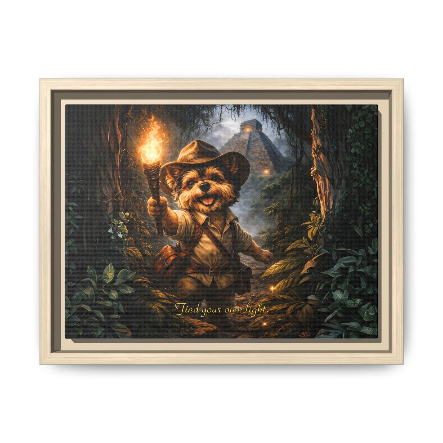 Cute Yorkie Explorer Canvas Wall Art for Kids Room – Jungle Adventure Nursery Decor, Framed Matte Animal Artwork, Gift for Boys & Girls