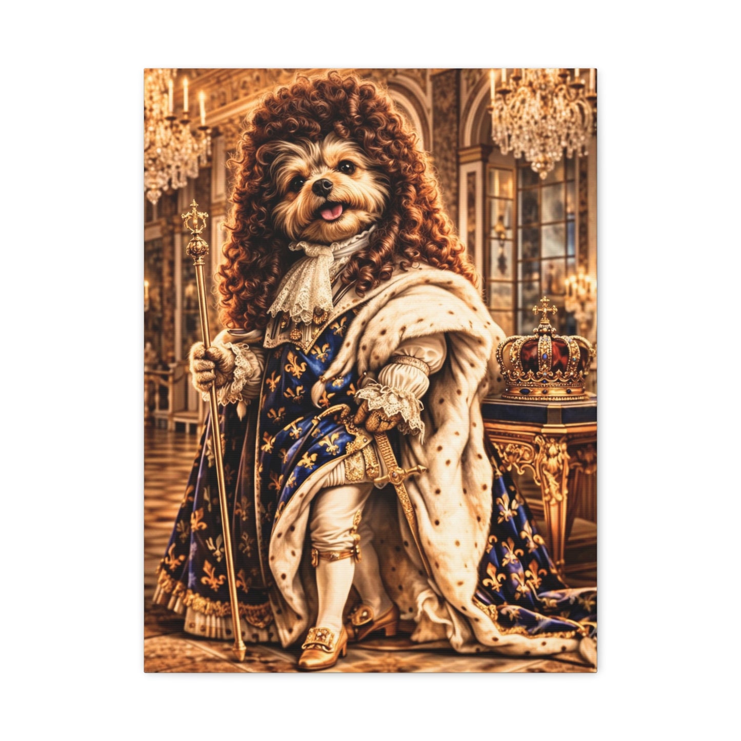 The Sun King Yorkie Stretched Canvas Wall Art, Royal Dog Portrait, King Louis XIV Pet Art, Ready to Hang, History Bonus Included