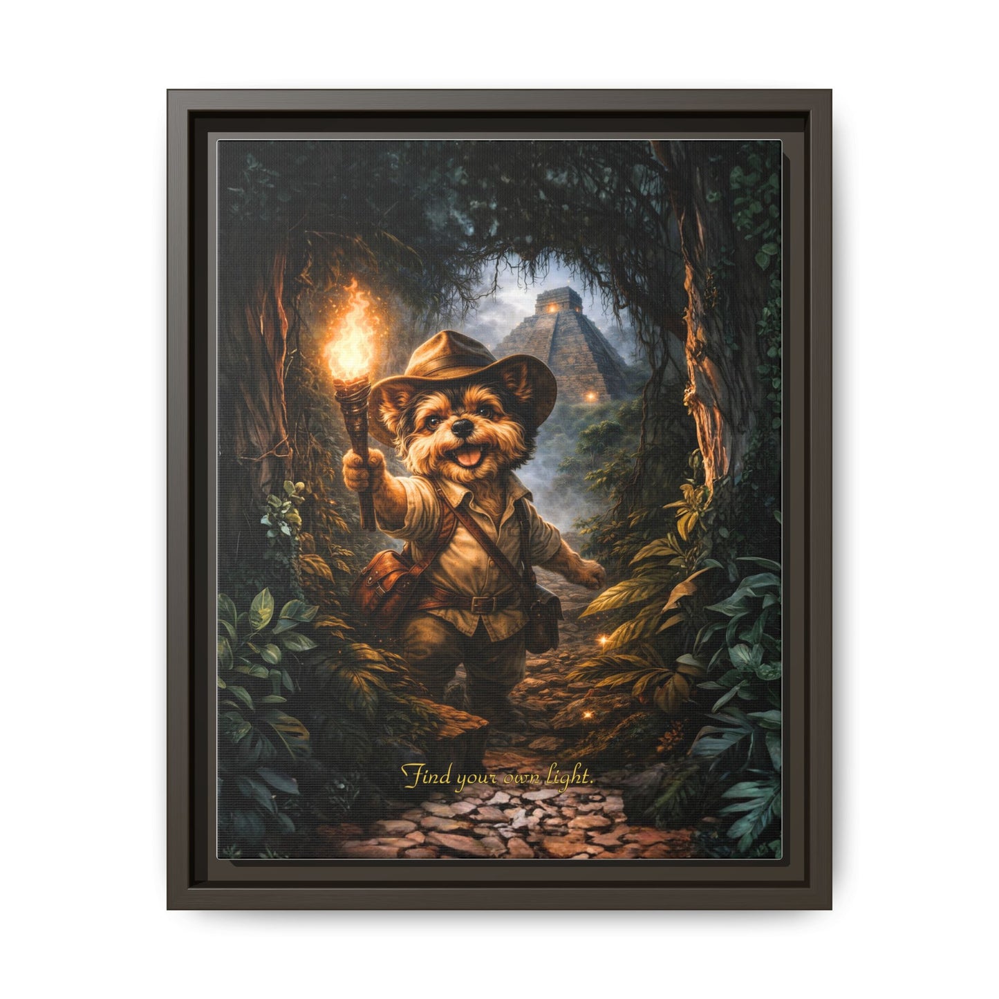 Cute Yorkie Explorer Canvas Wall Art for Kids Room – Jungle Adventure Nursery Decor, Framed Matte Animal Artwork, Gift for Boys & Girls