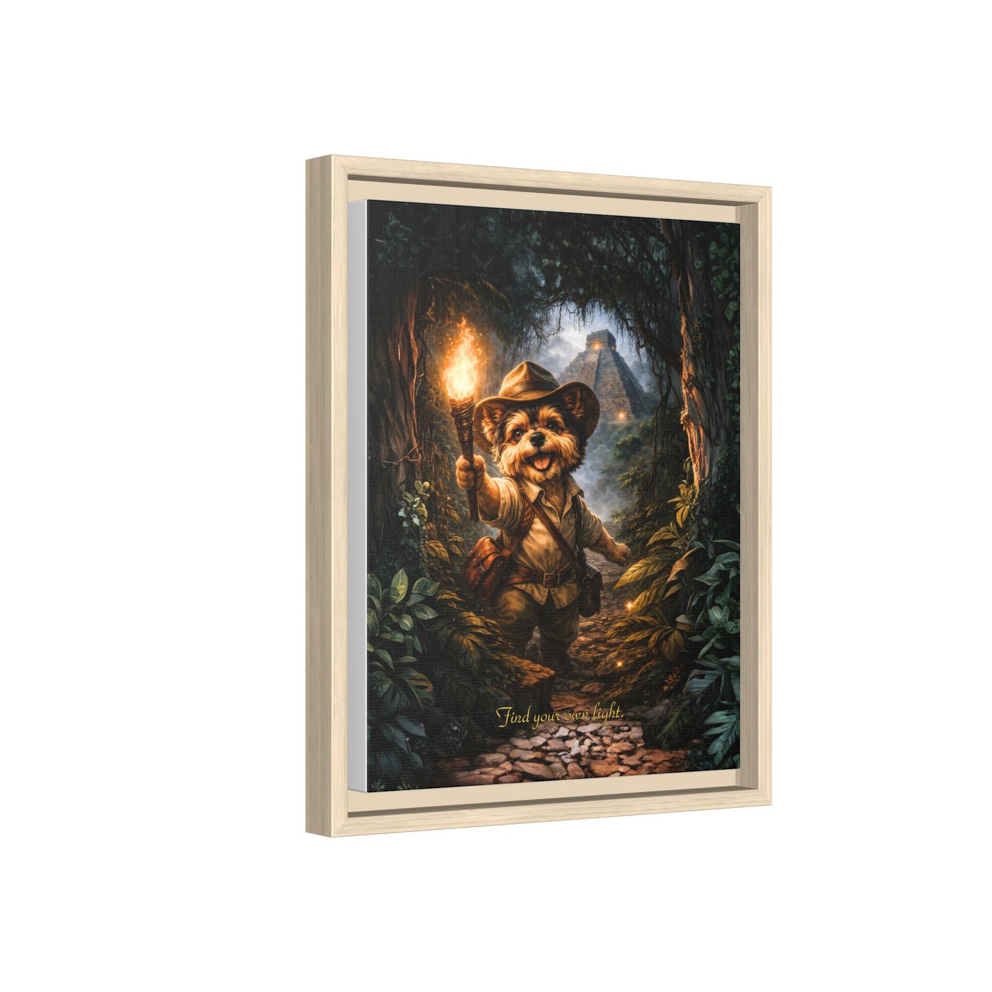 Cute Yorkie Explorer Canvas Wall Art for Kids Room – Jungle Adventure Nursery Decor, Framed Matte Animal Artwork, Gift for Boys & Girls