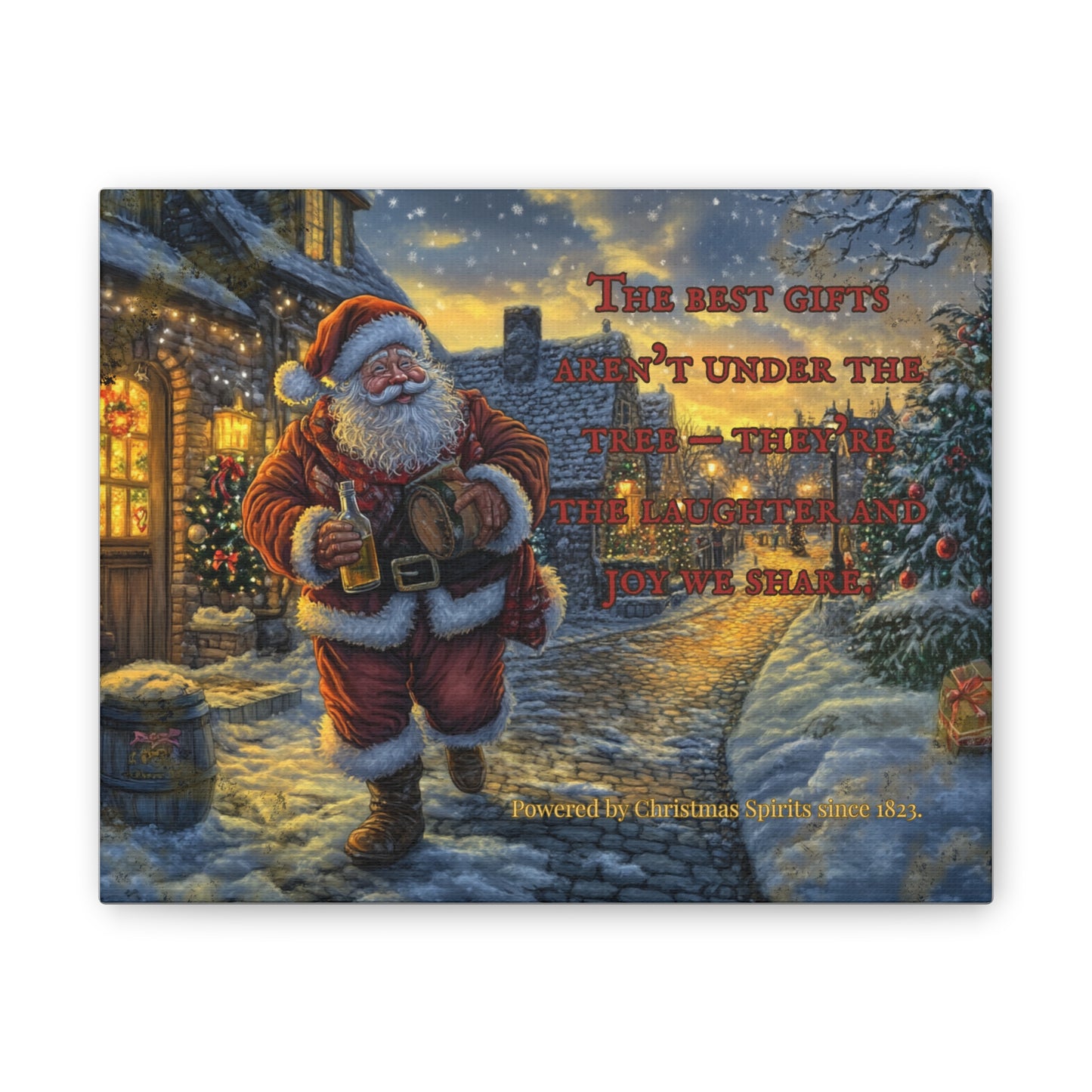 Canvas print with Santa Claus in a snowy village scene and Christmas message.