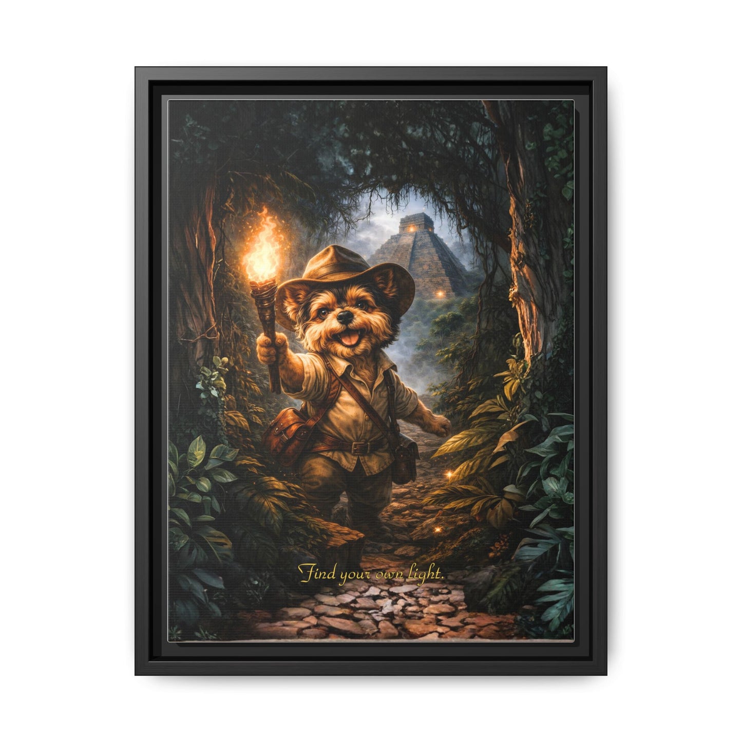 Cute Yorkie Explorer Canvas Wall Art for Kids Room – Jungle Adventure Nursery Decor, Framed Matte Animal Artwork, Gift for Boys & Girls