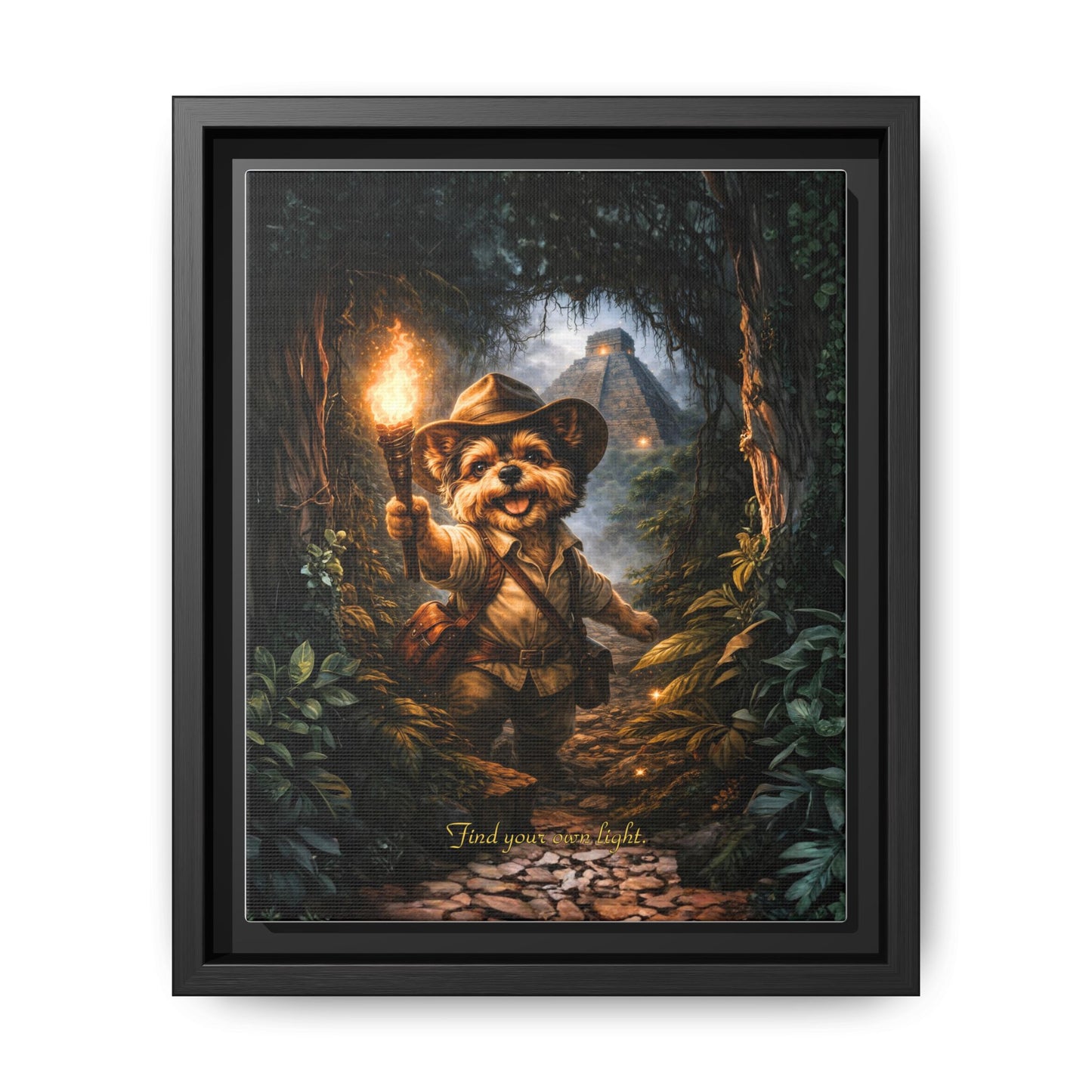 Cute Yorkie Explorer Canvas Wall Art for Kids Room – Jungle Adventure Nursery Decor, Framed Matte Animal Artwork, Gift for Boys & Girls