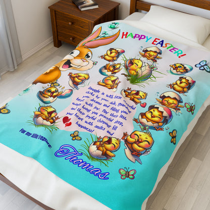 Personalized Easter Blanket for Kids - Happy Easter Bunny & Chicks