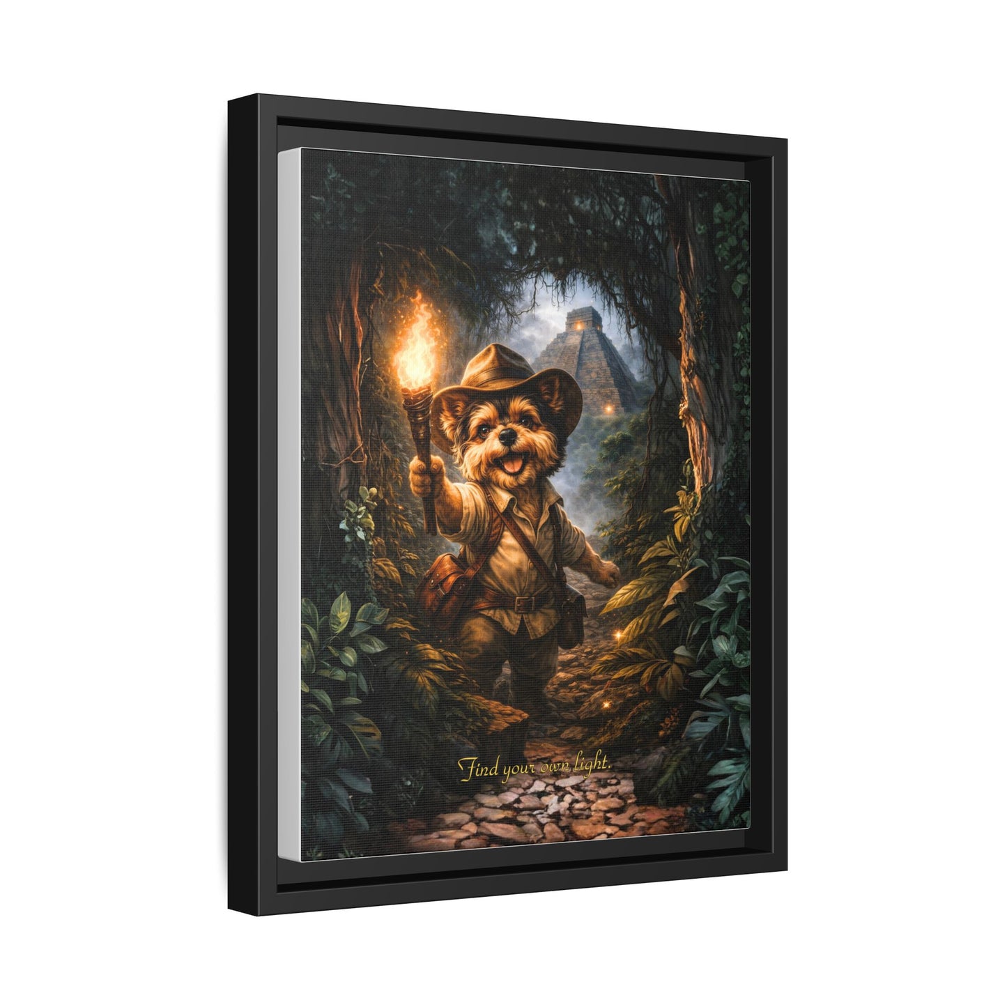 Cute Yorkie Explorer Canvas Wall Art for Kids Room – Jungle Adventure Nursery Decor, Framed Matte Animal Artwork, Gift for Boys & Girls