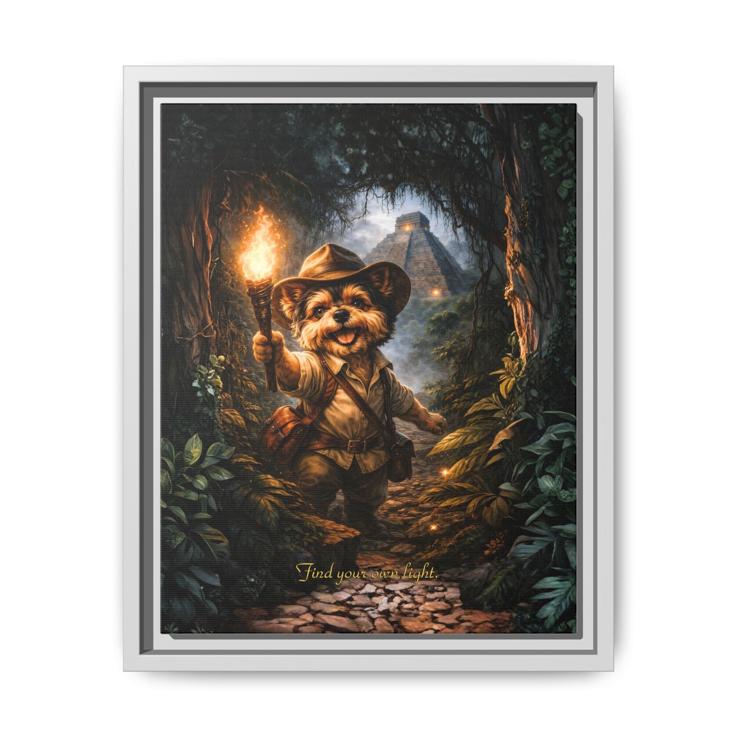 Cute Yorkie Explorer Canvas Wall Art for Kids Room – Jungle Adventure Nursery Decor, Framed Matte Animal Artwork, Gift for Boys & Girls