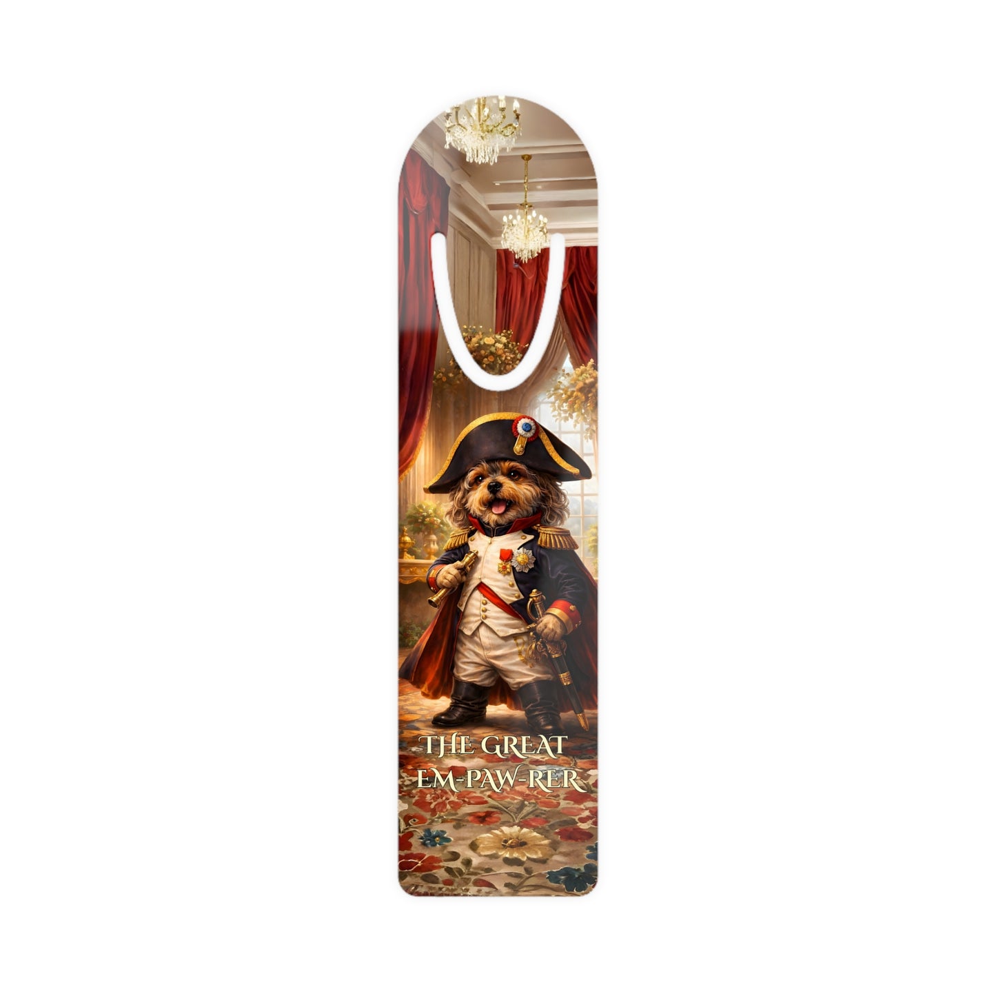Decorative bookmark with a Yorkie in a costume and text 'The Great Em Paw Rer' .