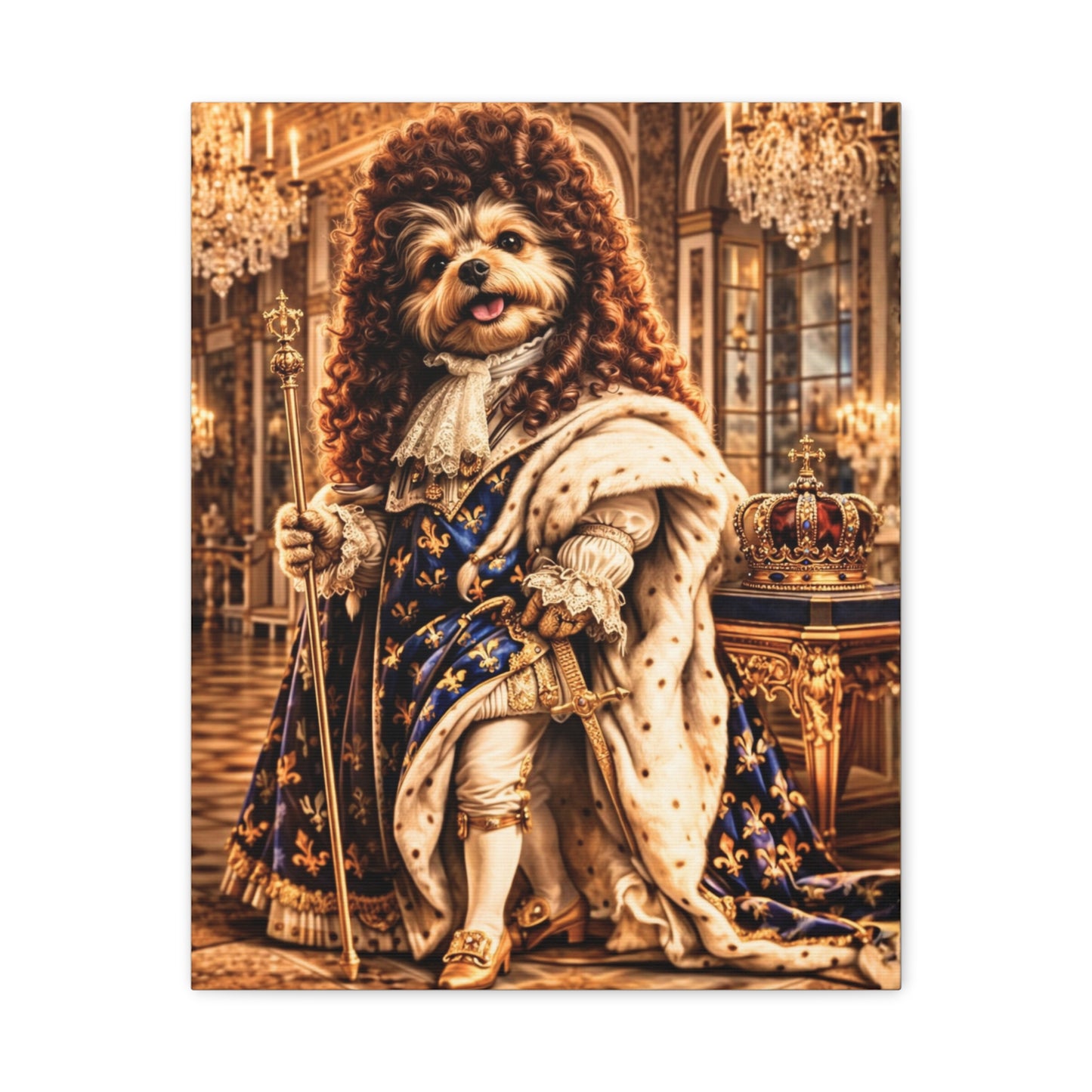 The Sun King Yorkie Stretched Canvas Wall Art, Royal Dog Portrait, King Louis XIV Pet Art, Ready to Hang, History Bonus Included