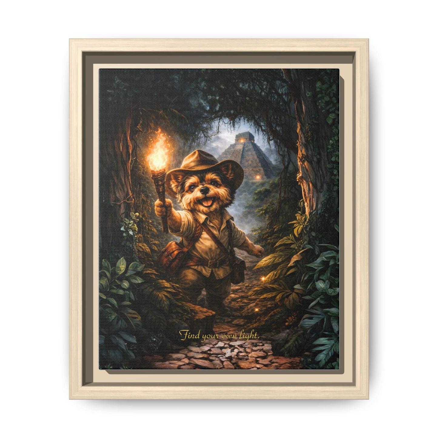 Cute Yorkie Explorer Canvas Wall Art for Kids Room – Jungle Adventure Nursery Decor, Framed Matte Animal Artwork, Gift for Boys & Girls