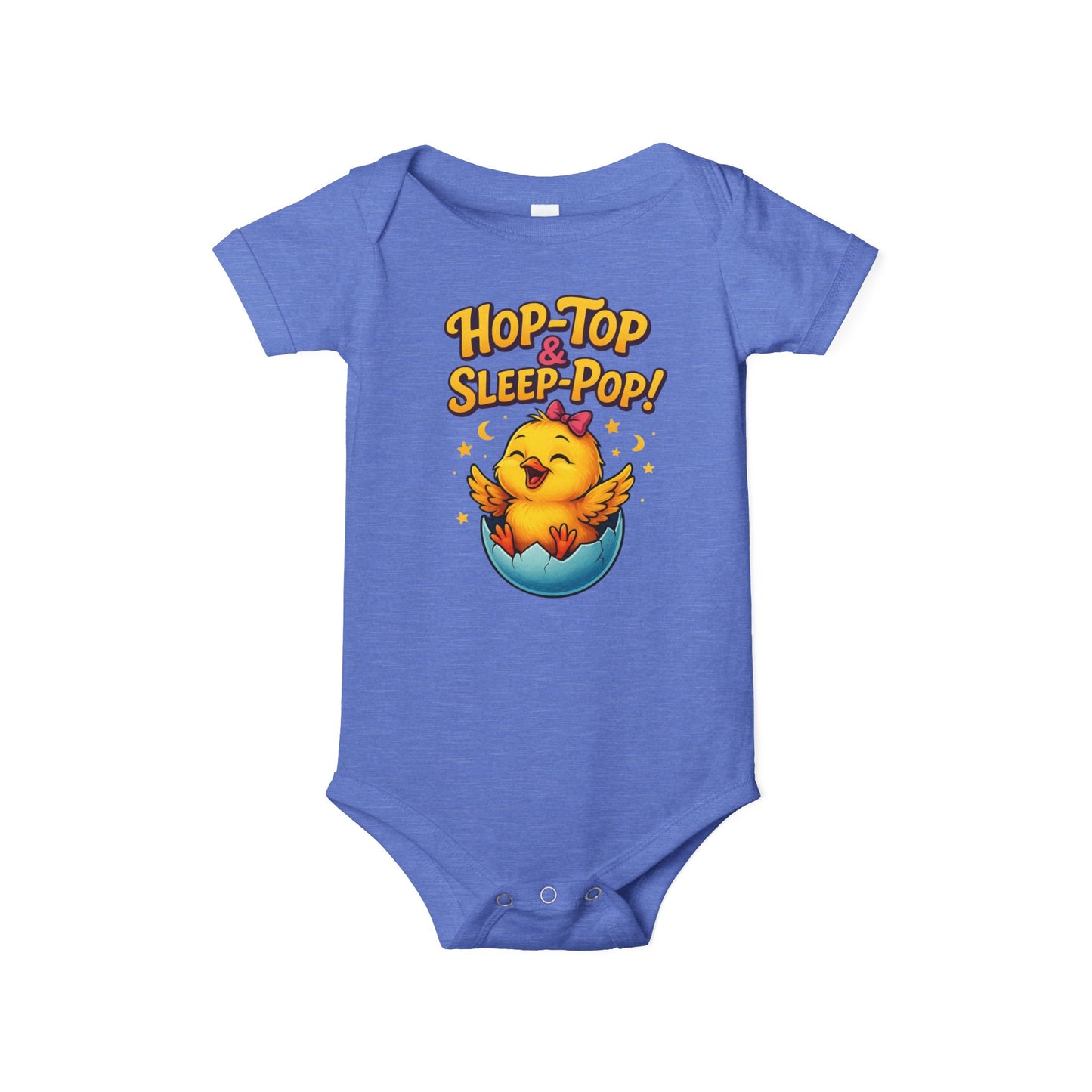 Blue baby onesie with a chick design and text on a white background