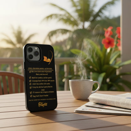 A black phone case with a magnetic back, featuring funny text about grandpa.