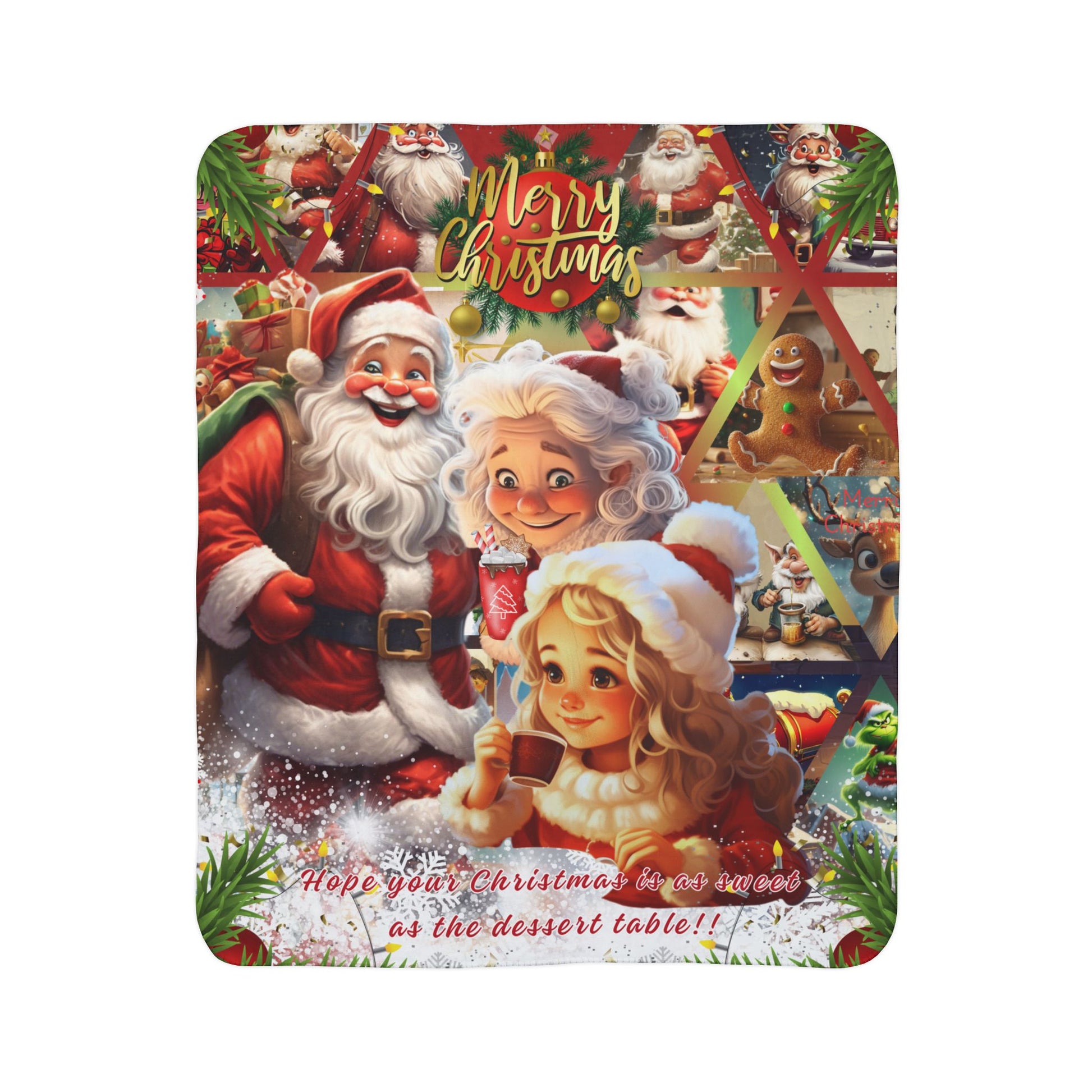 Christmas-themed blanket with Santa Claus, elves, and Christmas decorations.
