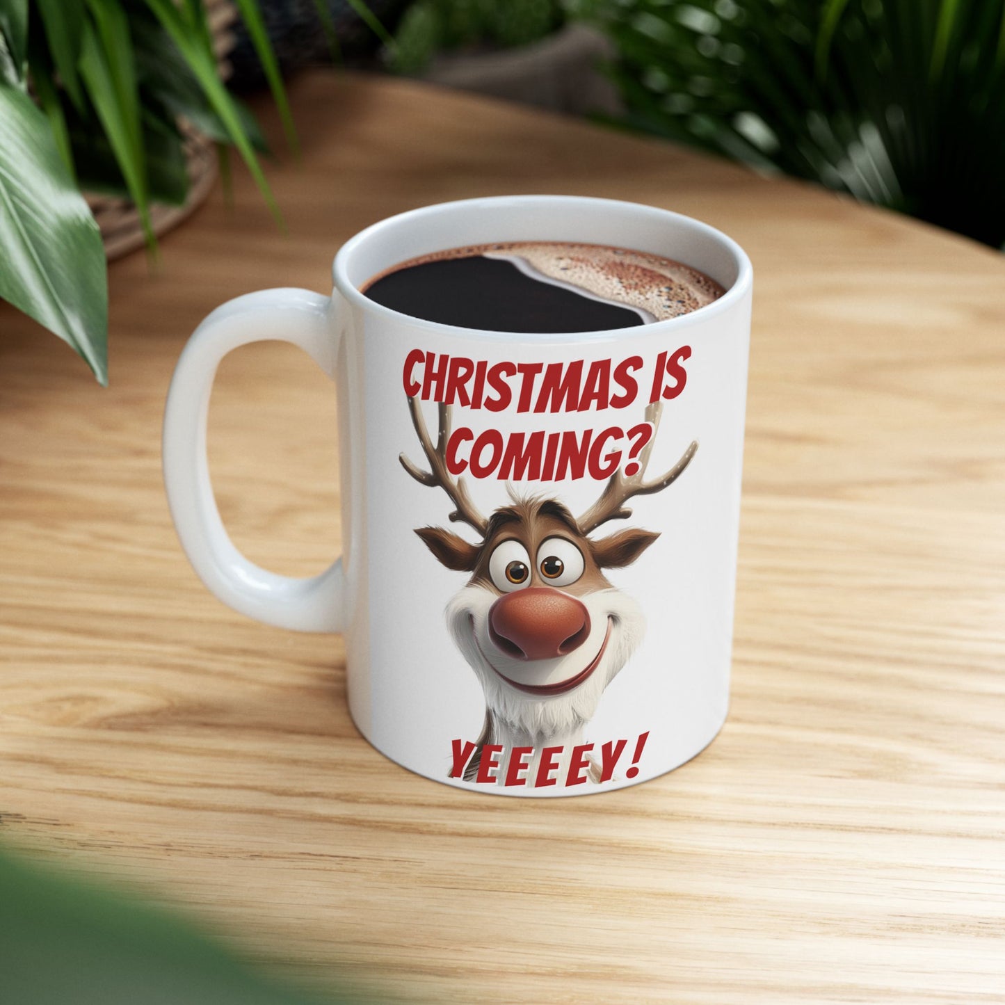 Festive Christmas Mug with Cheerful Reindeer Design