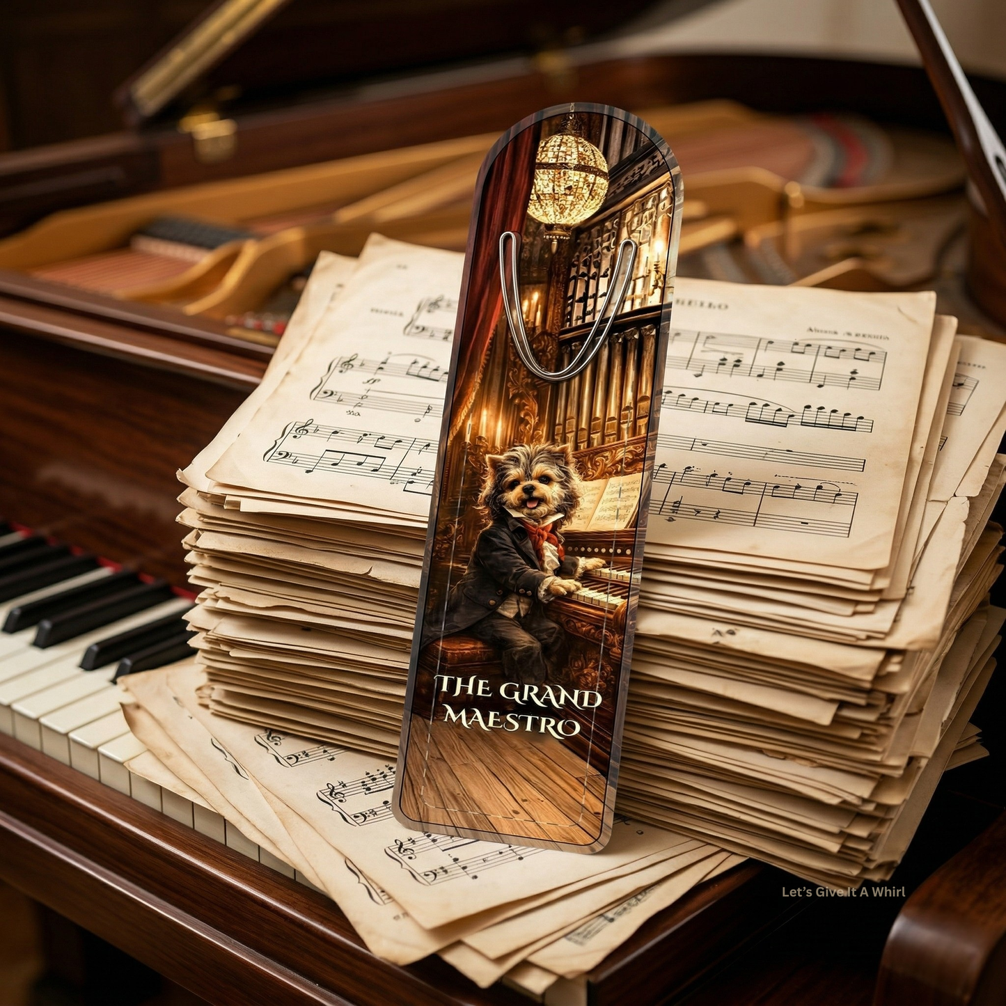 A yorkie playing piano,  a bookmark design on a stack of music sheets in front of a piano.