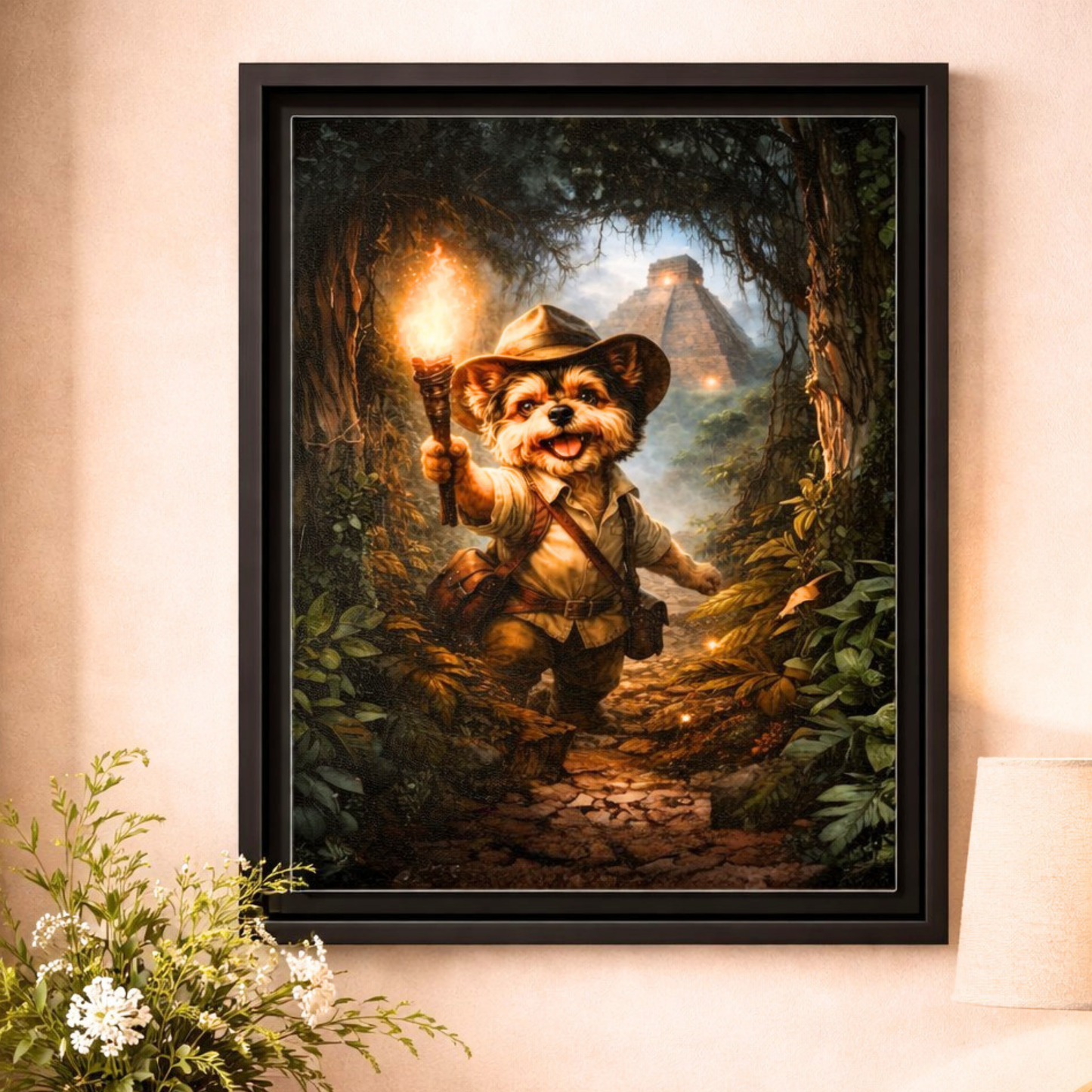 Cute Yorkie Explorer Canvas Wall Art for Kids Room – Jungle Adventure Nursery Decor, Framed Matte Animal Artwork, Gift for Boys & Girls