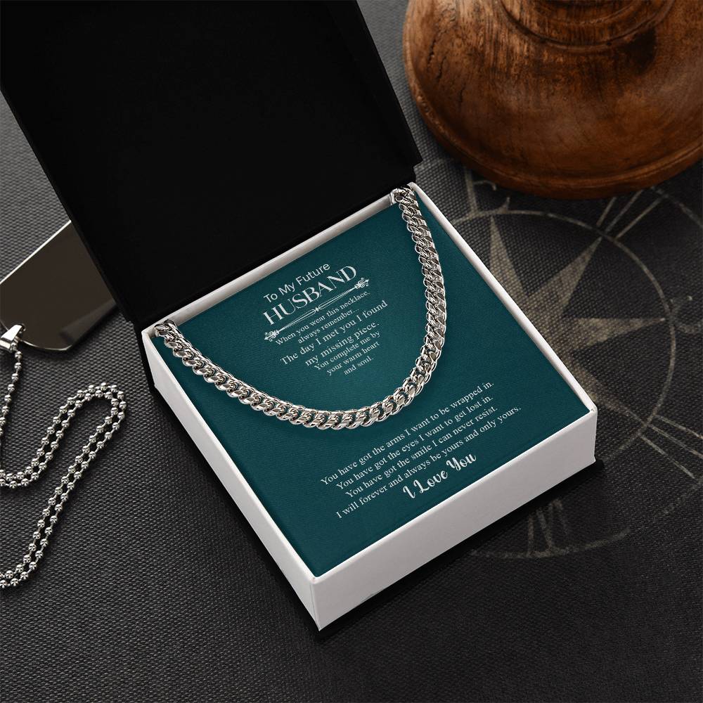 Gift box with romantic message card and Cuban Link Necklace — perfect present for future husband from bride-to-be.