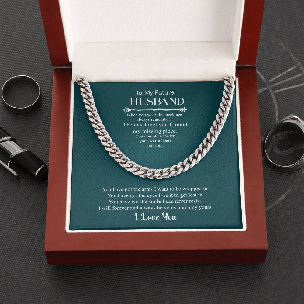 Cuban Link Necklace displayed in elegant gift box with heartfelt message card for future husband