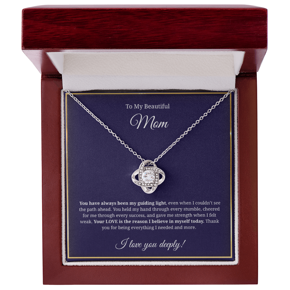 Luxury mahogany-style gift box with LED light showcasing the pendant for mom