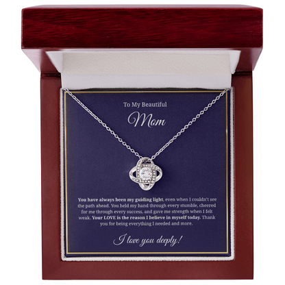 Luxury mahogany-style gift box with LED light showcasing the pendant for mom
