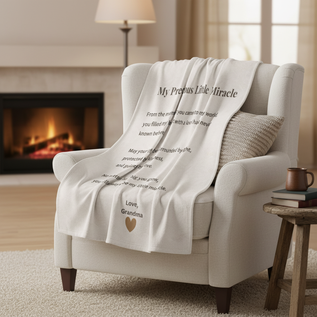 Granddaughter blanket with heartfelt message "My Precious Little Miracle" – soft cream velveteen throw on an armchair, grandmother gift.