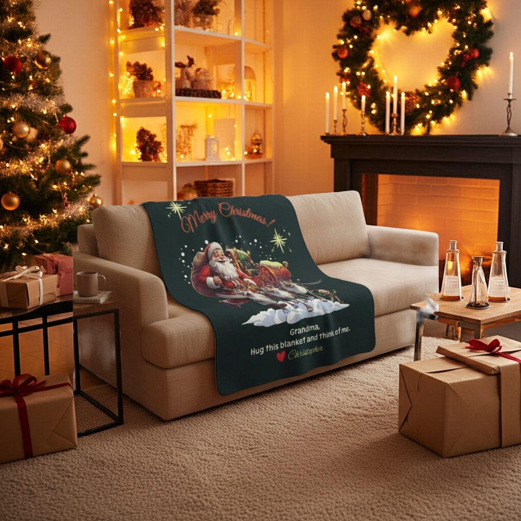 Personalized Christmas Sherpa Blanket - Santa & Reindeer Custom
