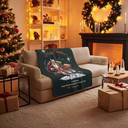 Personalized Christmas Sherpa Blanket - Santa & Reindeer Custom