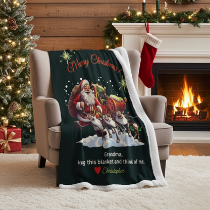 Personalized Christmas Sherpa Blanket - Santa & Reindeer Custom