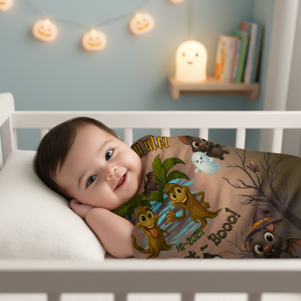 Halloween Baby Swaddle Blanket - baby in crib