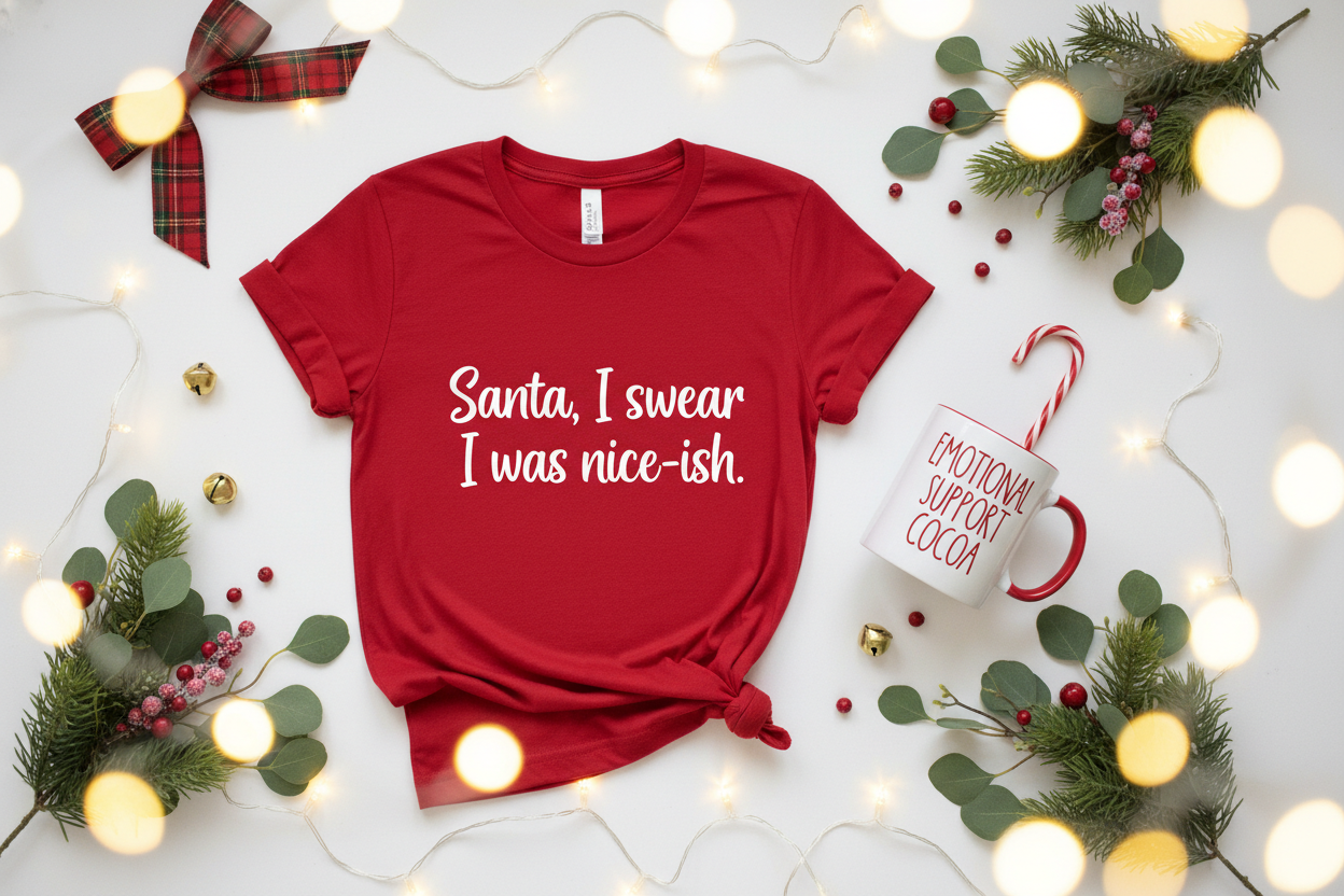 Headline:
🎄 Dear Santa… We Can Explain.

Subheadline (optional):
Funny gifts. Sassy messages. Soulful sarcasm. 
For the ones who’ve been “nice-ish” all year.

Visual style:
Flat lay of a red or green sarcastic t-shirt (example text: “Santa, I swear I was nice-ish.”) and a white mug that says “Emotional Support Cocoa”, surrounded by Christmas lights, a candy cane, and warm cozy holiday decor. Clean background. Minimal, funny, with a festive twist.
